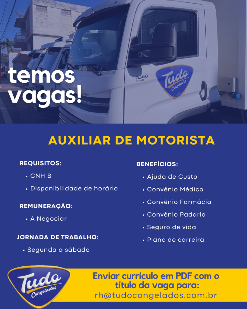 Temos Vagas: Auxiliar de Motorista. Venha fazer parte da nossa equipe! Estamos contratando Auxiliar de Motorista, com CNH B e disponibilidade de horário. Candidate-se agora e faça parte dessa jornada de sucesso! Envie seu currículo e junte-se a nós! 🚀🛒 rh@tudocongelados.com.br