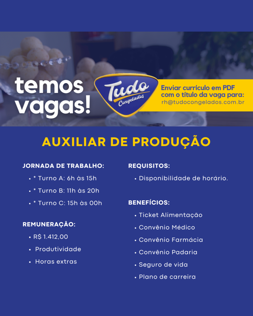 Temos Vagas! Venha fazer parte da equipe da Tudo Congelados como Auxiliar de Produção! Venha trabalhar conosco em um ambiente dinâmico e repleto de oportunidades. Candidate-se agora e faça parte dessa jornada de sucesso!