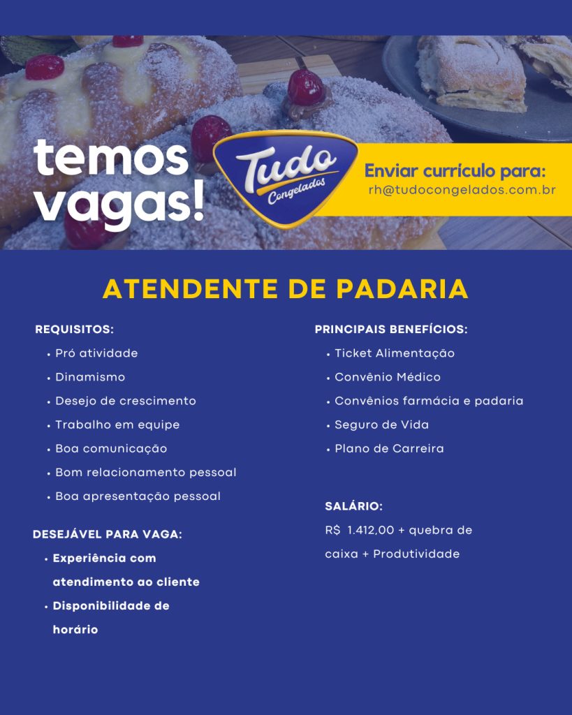 Temos vaga - Atendente de padaria. Temos vaga - Atendente de padaria! 📢👨‍💼 Venha fazer parte da nossa equipe! Estamos contratando Atendente de Padaria Candidate-se agora e faça parte dessa jornada de sucesso! Envie seu currículo e junte-se a nós! 🚀🛒 rh@tudocongelados.com.br