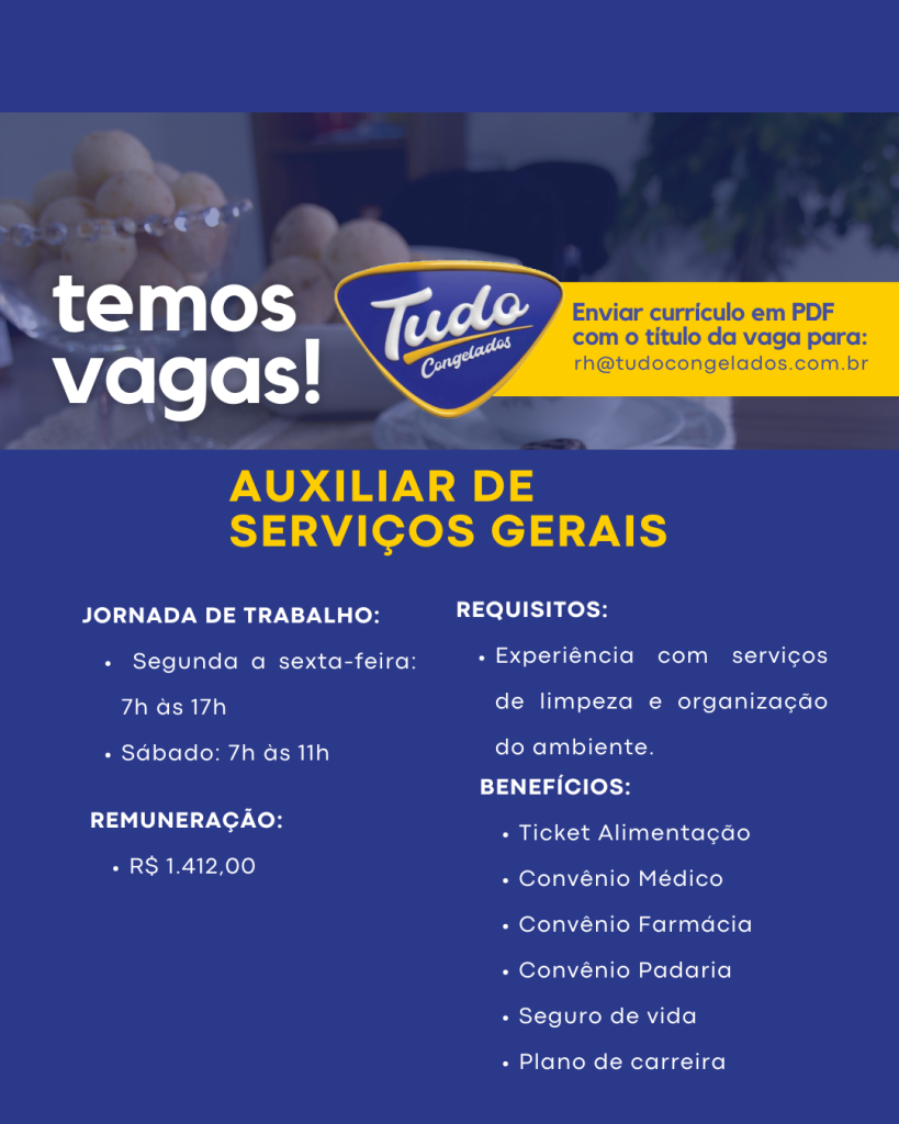 Estamos contratando! Estamos contratando! Venha fazer parte da nossa equipe! Estamos contratando Auxiliar de Serviços Gerais, com Experiência com serviços de limpeza e organização do ambiente. Candidate-se agora e faça parte dessa jornada de sucesso!