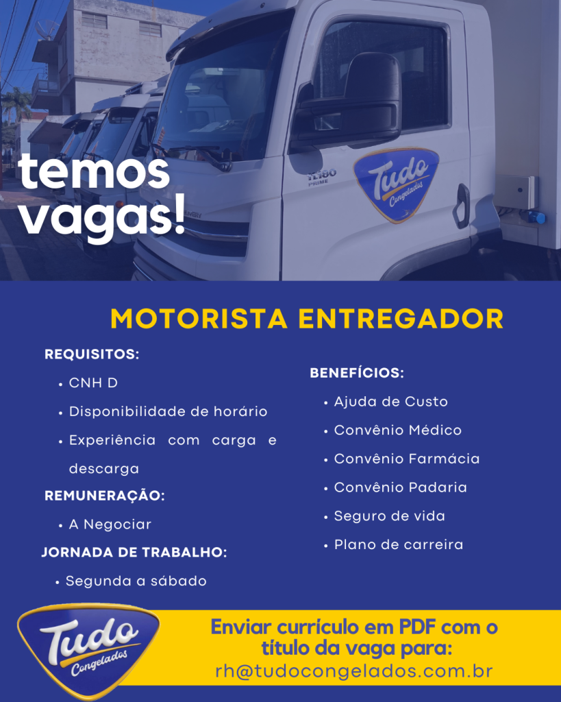 Temos Vagas: Motorista Entregador. Venha fazer parte da nossa equipe! Estamos contratando Motorista Entregador, com CNH D, disponibilidade de horário e com experiência com carga e descarga. Candidate-se agora e faça parte dessa jornada de sucesso! Envie seu currículo e junte-se a nós!