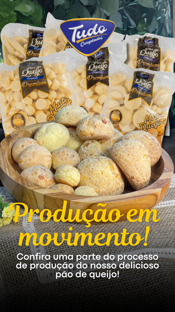 Esteira com Pães de Queijo. Produção em movimento! Na Tudo Congelados, cada fornada de pão de queijo ganha vida com tecnologia, cuidado e padronização.