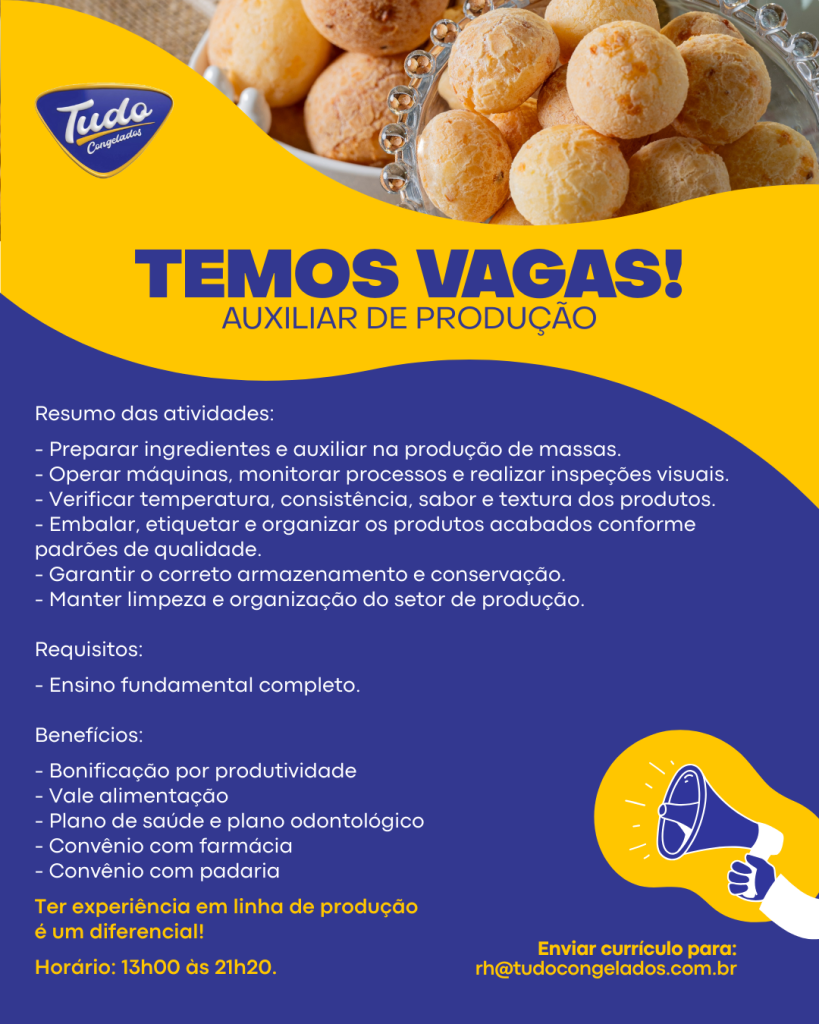 Vaga auxiliar de produção Estamos contratando! A Tudo Congelados Indústria está com oportunidade aberta para Auxiliar de Produção em Ituiutaba/MG.